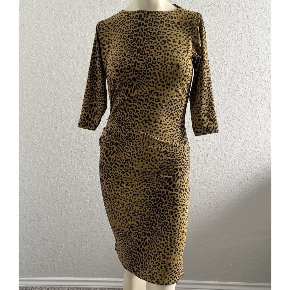 J McLaughlin Sheath Dress Womens Sz Small Leopard Ruched Mob Wife Catalina Cloth